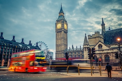 Double-decker bus in night London @ credit Depositphotos