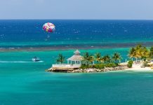 Caraïbes, Com’ | Première destination ‘Caraïbes’ pour les Britanniques et modèle de com’ , la Jamaïque au top ! Parasailing over the tropical island of Ocho Rios, Jamaica @ credit Depositphotos