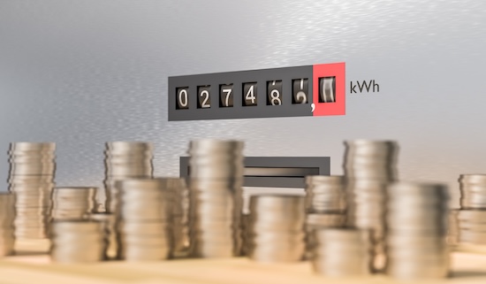 Electricity meter with many coins @ credit Depositphotos