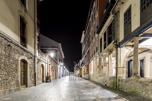 Night in the old Spanish city of Aviles, Asturias @ credit Depositphotos
