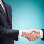 business man positive deal with handshake isolated