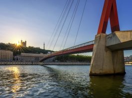 View of Lyon at sunset, France, Europe