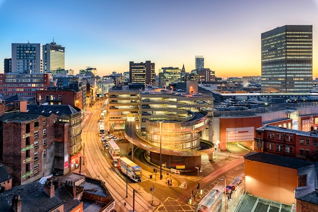 Aerial view of City Center Manchester, UK.