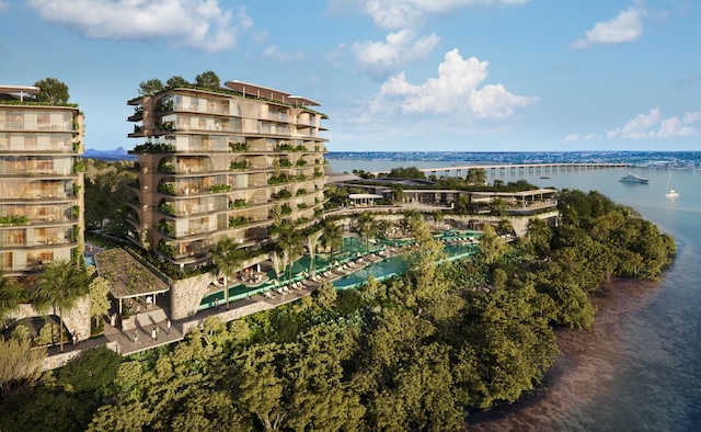 Artist impressions of new accommodation development, overlooking Pumicestone Passage. Bribie Island bridge shown in the background