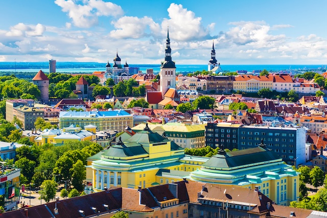 Scenic summer aerial view of the Old Town architecture in Tallinn, Estonia
