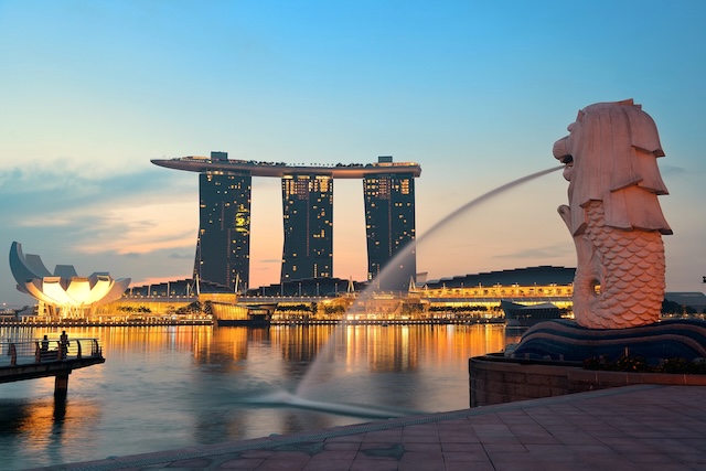 Singapore skyline with urban buildings over water
