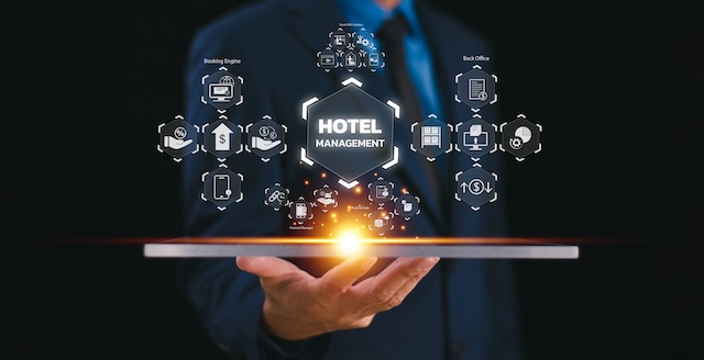 Hotel service management system concept. Digital network business investment technology. Businessman use Property Management System, PMS cloud solution icon. Apartment hospitality software