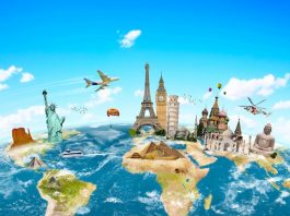 Famous monuments of the world grouped together on planet Earth
