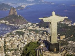 Rio de Janeiro, Brazil : Aerial view of Christ and Botafogo Bay from high angle