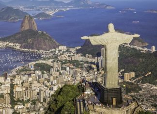 Rio de Janeiro, Brazil : Aerial view of Christ and Botafogo Bay from high angle