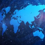 Illustration with world map and global connections network grid against blue background @ credit Depositphotos.com