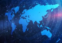 Monde | Another Star (CitizenM – Marriott) lève 685 M$ pour intensifier son expansion mondiale ! Illustration with world map and global connections network grid against blue background @ credit Depositphotos.com