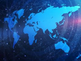 Monde | Another Star (CitizenM – Marriott) lève 685 M$ pour intensifier son expansion mondiale ! Illustration with world map and global connections network grid against blue background @ credit Depositphotos.com