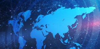 Monde | Another Star (CitizenM – Marriott) lève 685 M$ pour intensifier son expansion mondiale ! Illustration with world map and global connections network grid against blue background @ credit Depositphotos.com